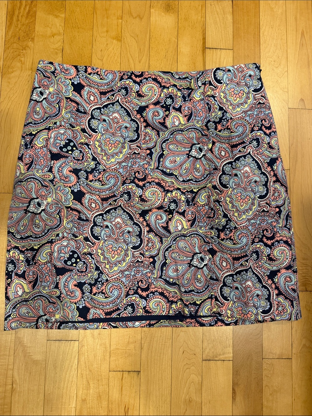 Talbots Navy Paisley Mini Skirt with Pink & Yellow Accents